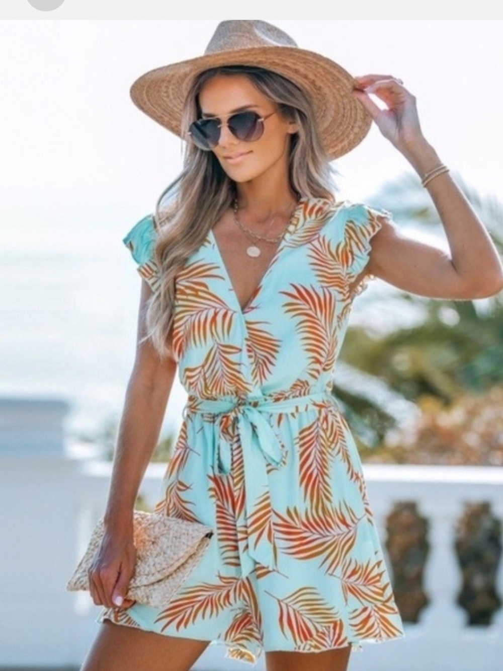 Cupshe Mint Palm-Leaf Tie-Waist Romper with Rust Print